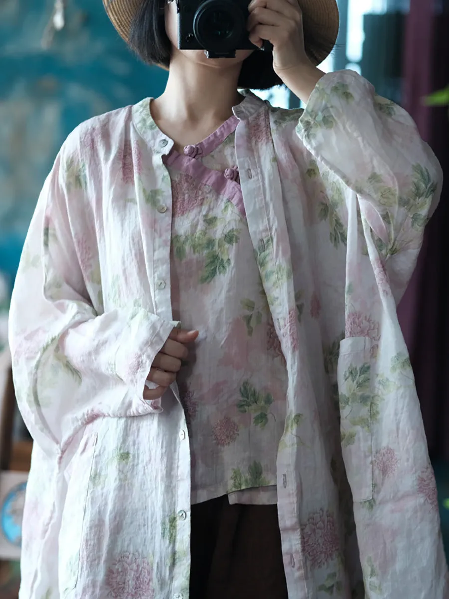 Women Summer Vintage Flower Thin Long Ramie Shirt