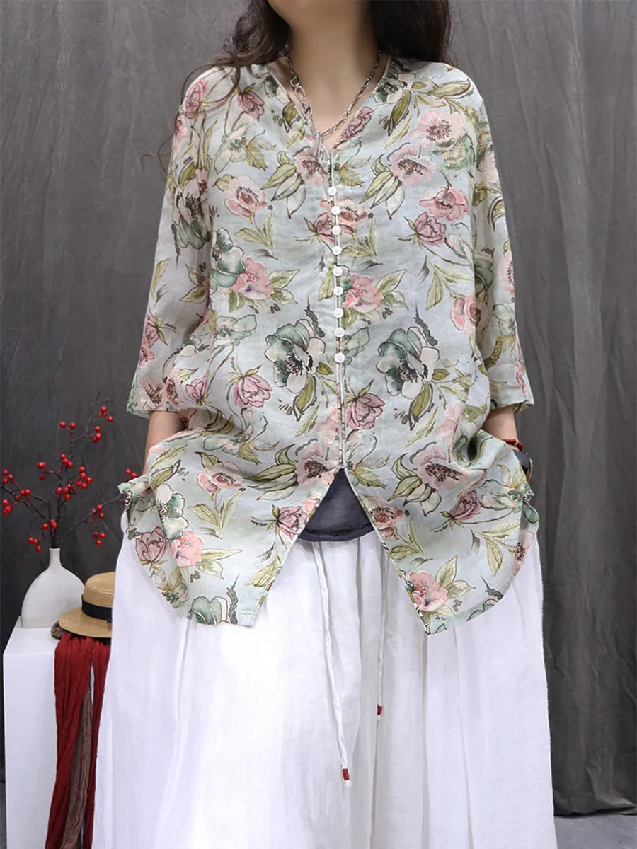 Women Summer Vintage Flower V-Neck 100%Ramie Shirt