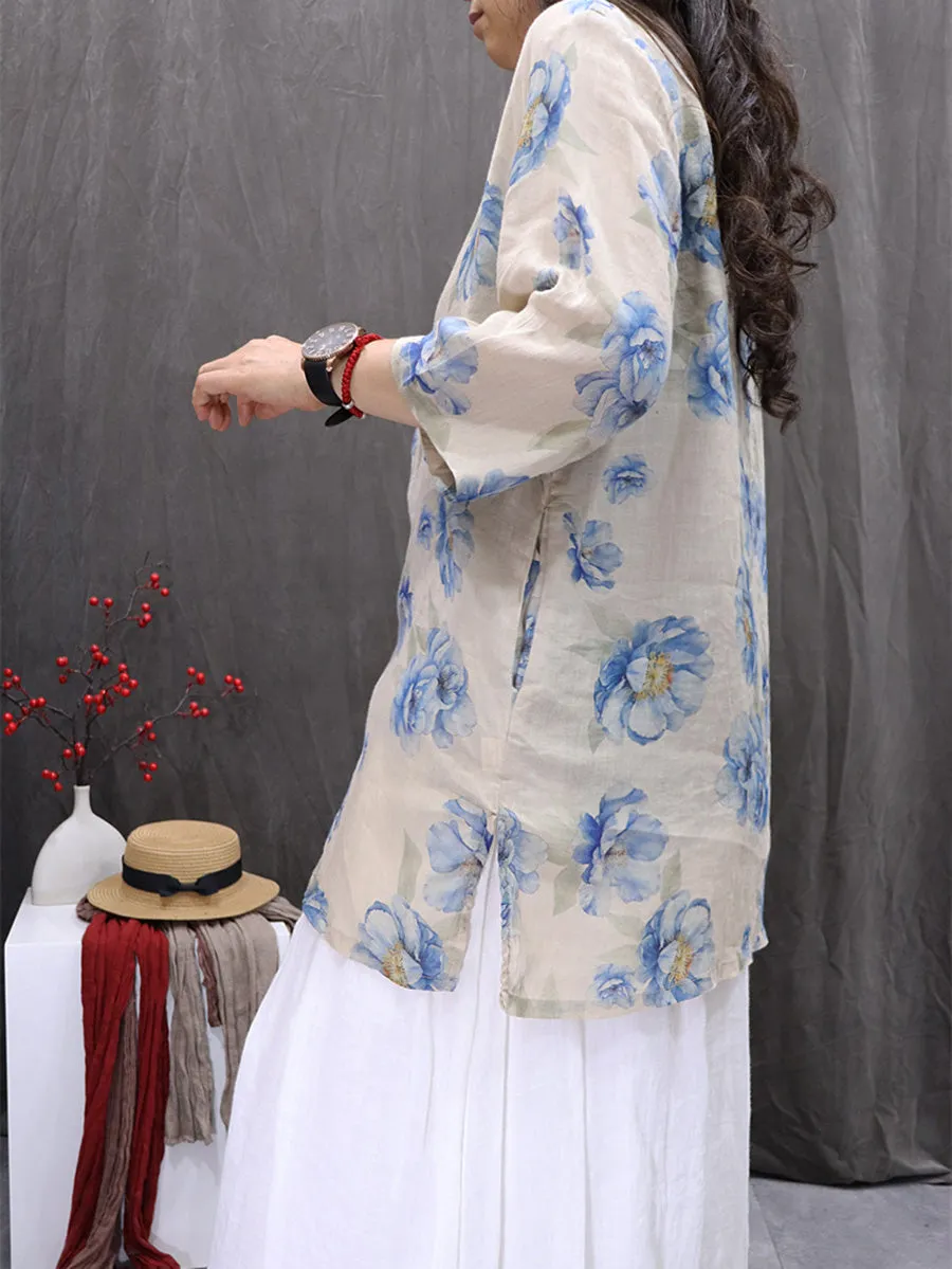 Women Summer Vintage Flower V-Neck 100%Ramie Shirt
