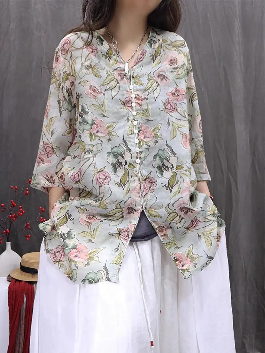Women Summer Vintage Flower V-Neck 100%Ramie Shirt