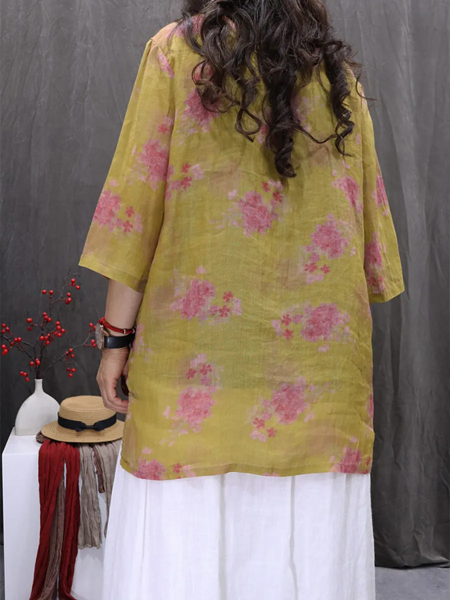 Women Summer Vintage Flower V-Neck 100%Ramie Shirt