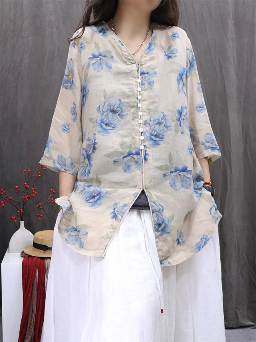 Women Summer Vintage Flower V-Neck 100%Ramie Shirt