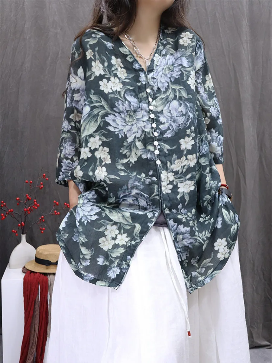 Women Summer Vintage Flower V-Neck 100%Ramie Shirt