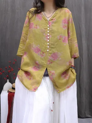 Women Summer Vintage Flower V-Neck 100%Ramie Shirt