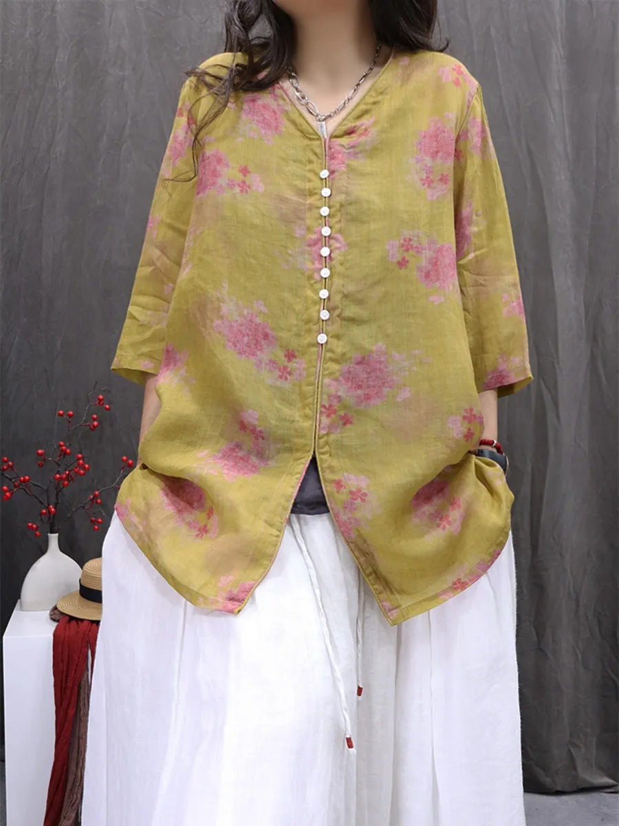 Women Summer Vintage Flower V-Neck 100%Ramie Shirt
