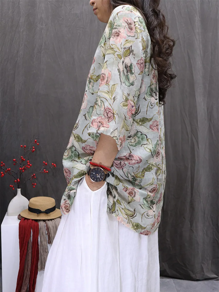 Women Summer Vintage Flower V-Neck 100%Ramie Shirt