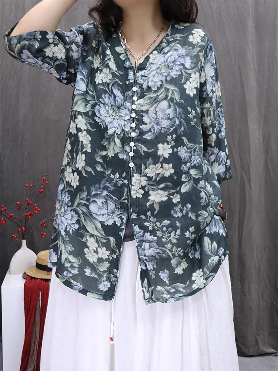 Women Summer Vintage Flower V-Neck 100%Ramie Shirt