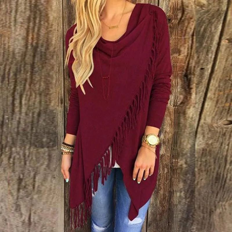 Women Tassels Irregular Hem Long Sleeve Blouses Shirts Casual Cardigan Solid Color Plus Size Tops