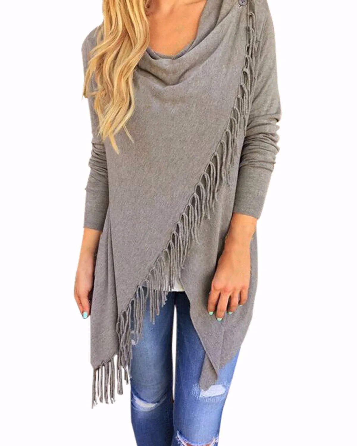 Women Tassels Irregular Hem Long Sleeve Blouses Shirts Casual Cardigan Solid Color Plus Size Tops