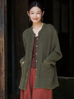 Women Vintage Autumn Solid O-Neck Shirt Coat