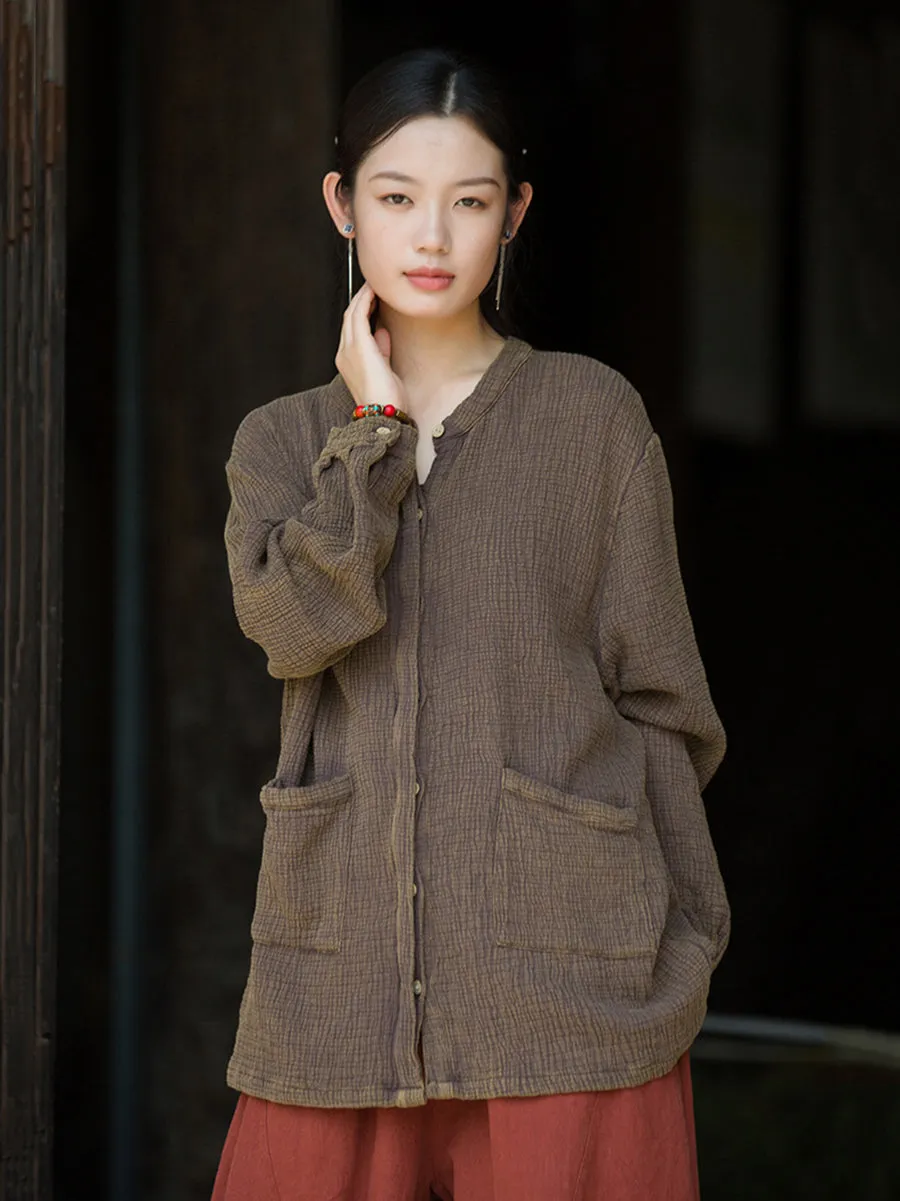 Women Vintage Autumn Solid O-Neck Shirt Coat