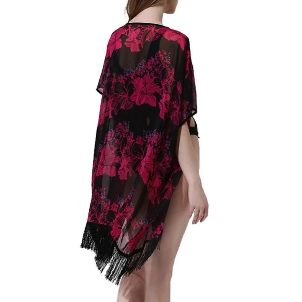 Women Vintage Boho Kimono Cardigan Blouse Female Chiffon Cover Up Tops Tassels Blouses NW