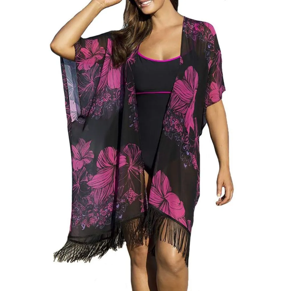 Women Vintage Boho Kimono Cardigan Blouse Female Chiffon Cover Up Tops Tassels Blouses NW