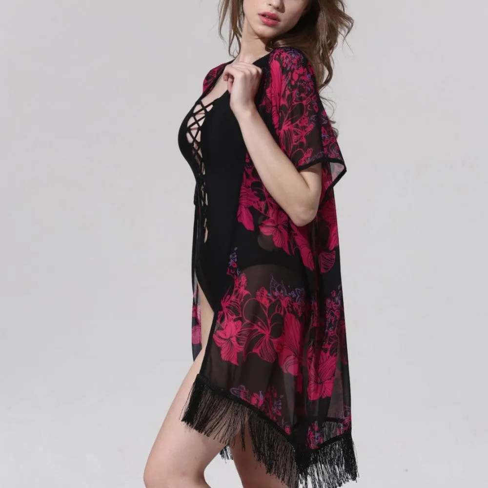 Women Vintage Boho Kimono Cardigan Blouse Female Chiffon Cover Up Tops Tassels Blouses NW