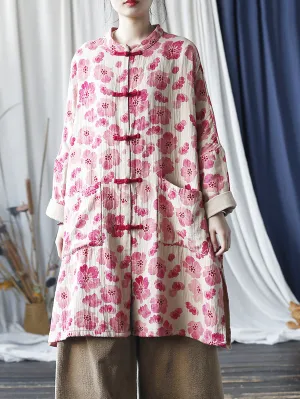 Women Vintage Spring Flower Buckle Robe Long Shirt
