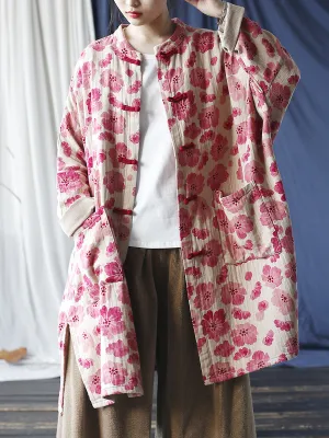 Women Vintage Spring Flower Buckle Robe Long Shirt