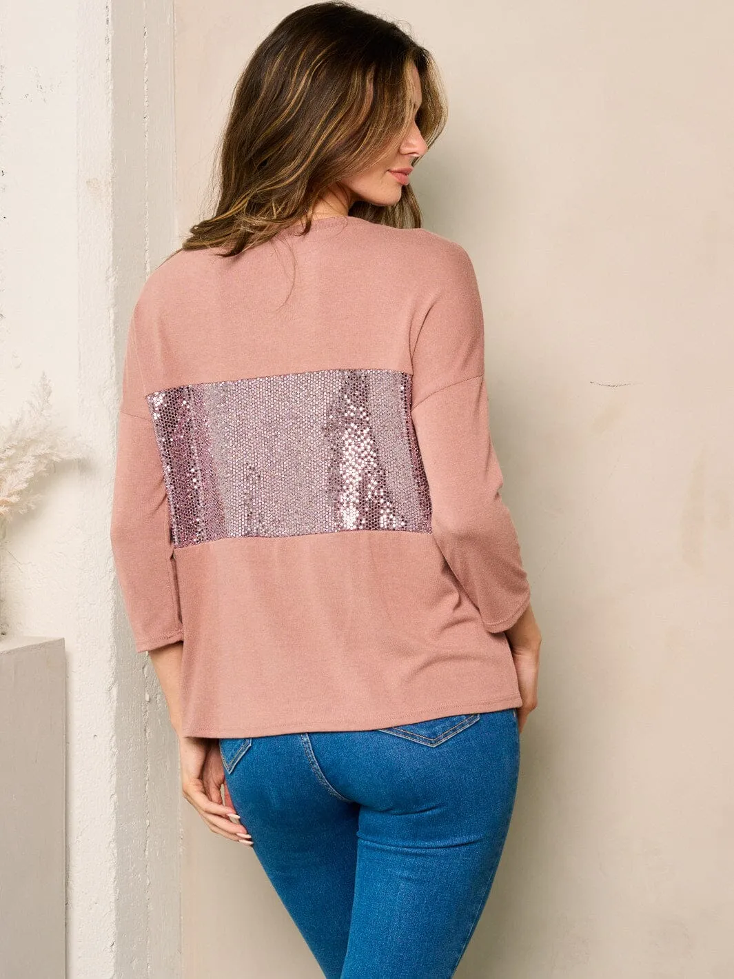 WOMEN'S 3/4 SLEEVE SEQUINS DETAILED BLOUSE TOP