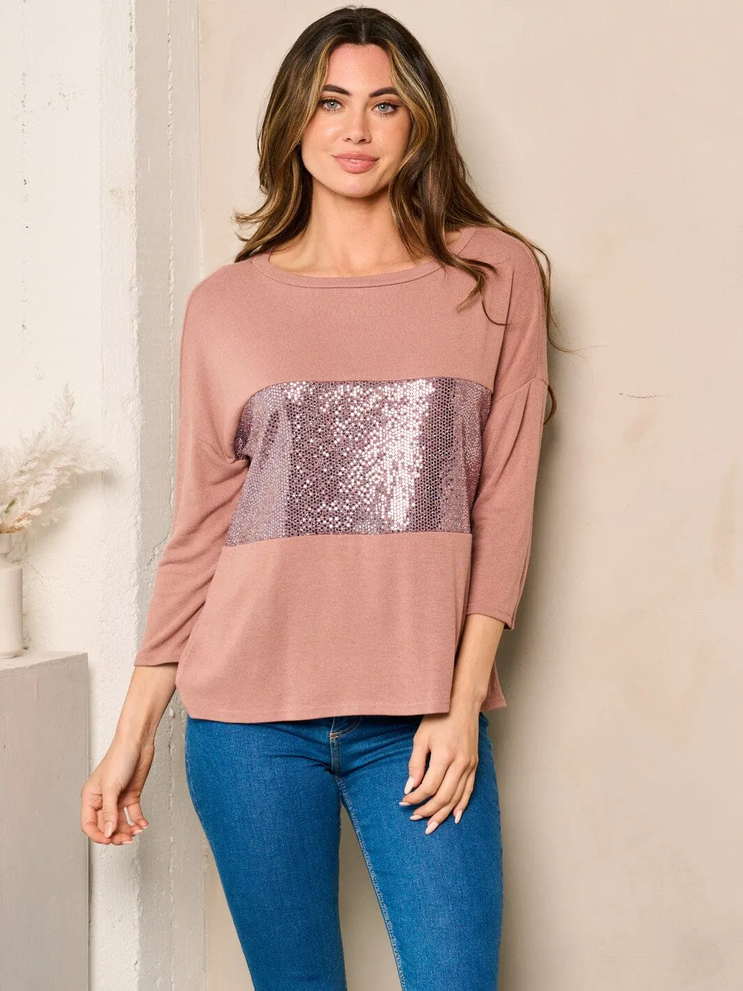 WOMEN'S 3/4 SLEEVE SEQUINS DETAILED BLOUSE TOP
