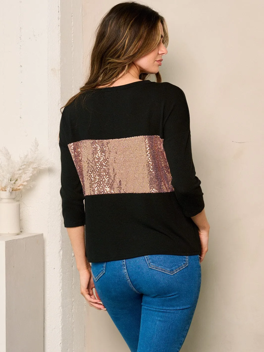 WOMEN'S 3/4 SLEEVE SEQUINS DETAILED BLOUSE TOP