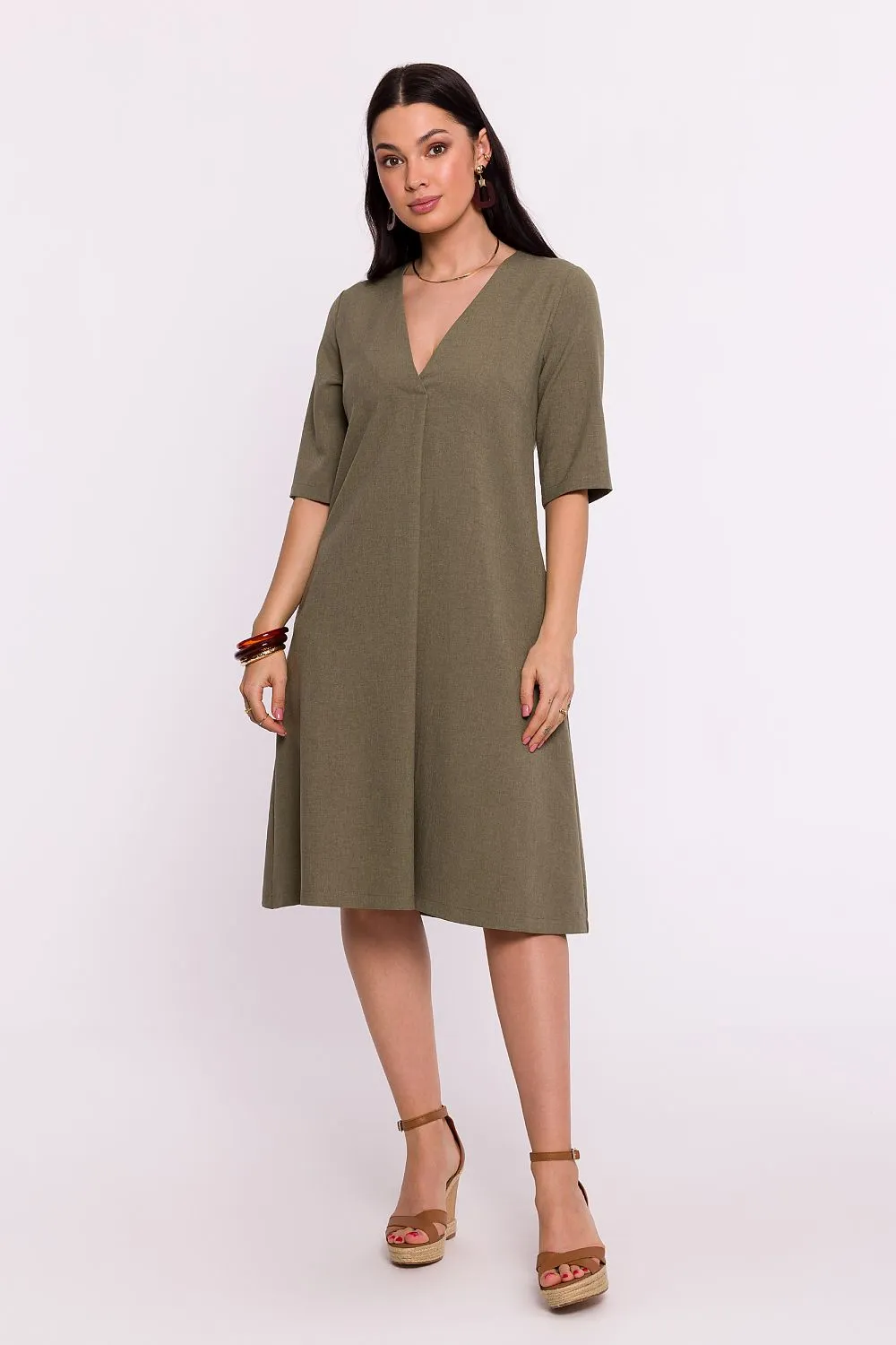 Women’s Blush Pink V-Neck A-Line Day Dress with Elbow-Length Sleeves