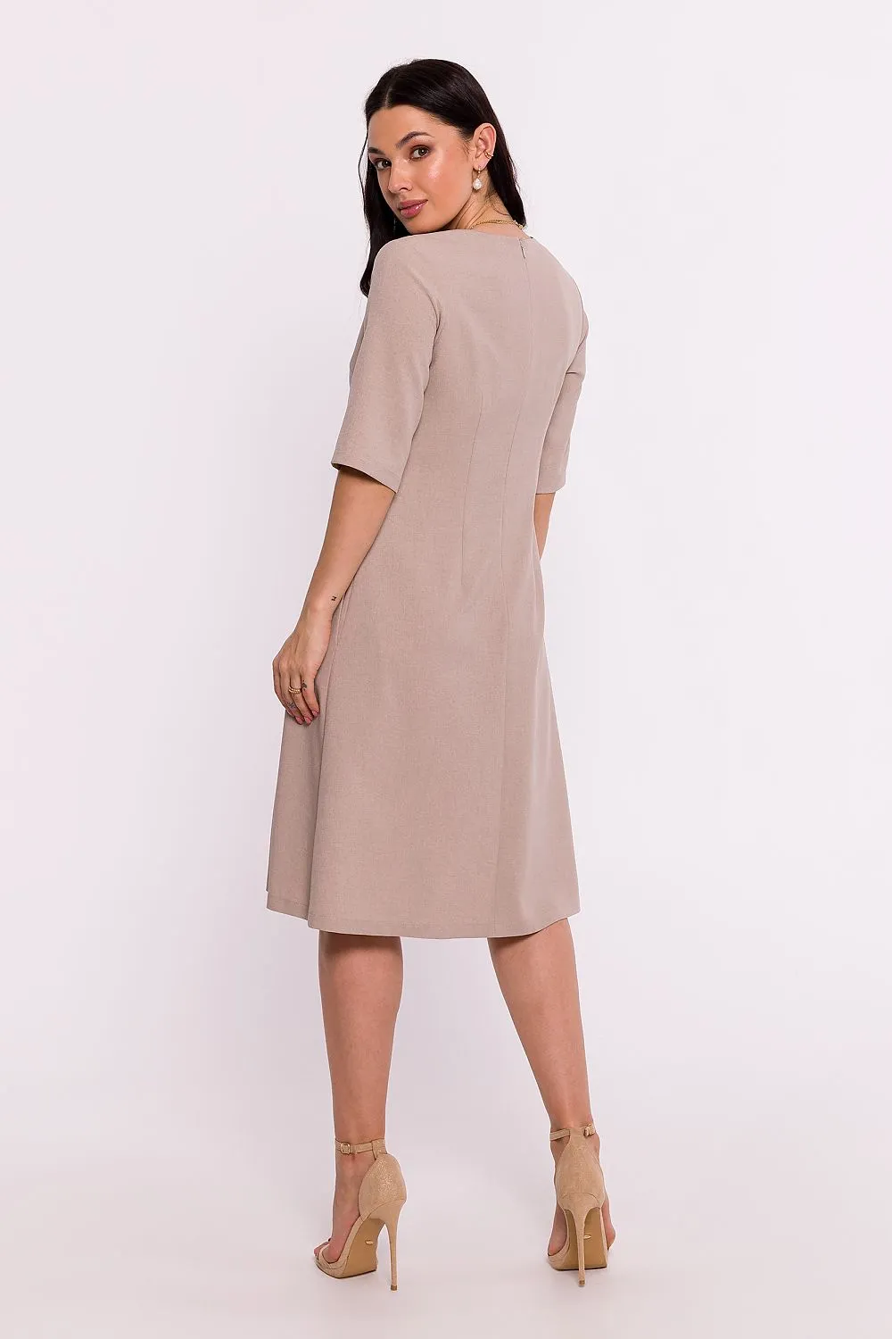 Women’s Blush Pink V-Neck A-Line Day Dress with Elbow-Length Sleeves