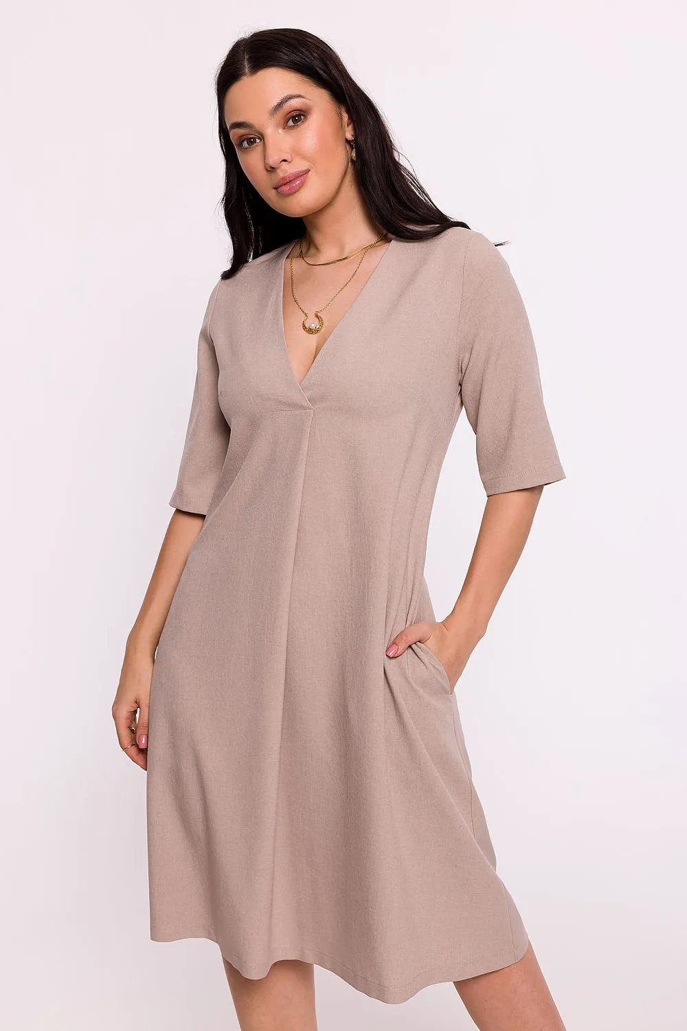 Women’s Blush Pink V-Neck A-Line Day Dress with Elbow-Length Sleeves