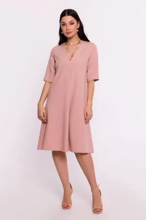 Women’s Blush Pink V-Neck A-Line Day Dress with Elbow-Length Sleeves
