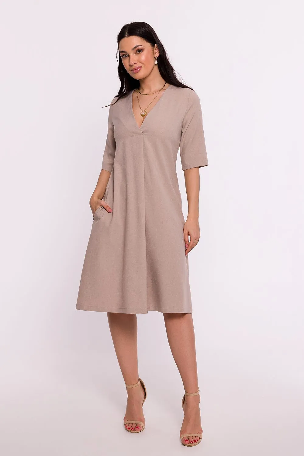 Women’s Blush Pink V-Neck A-Line Day Dress with Elbow-Length Sleeves