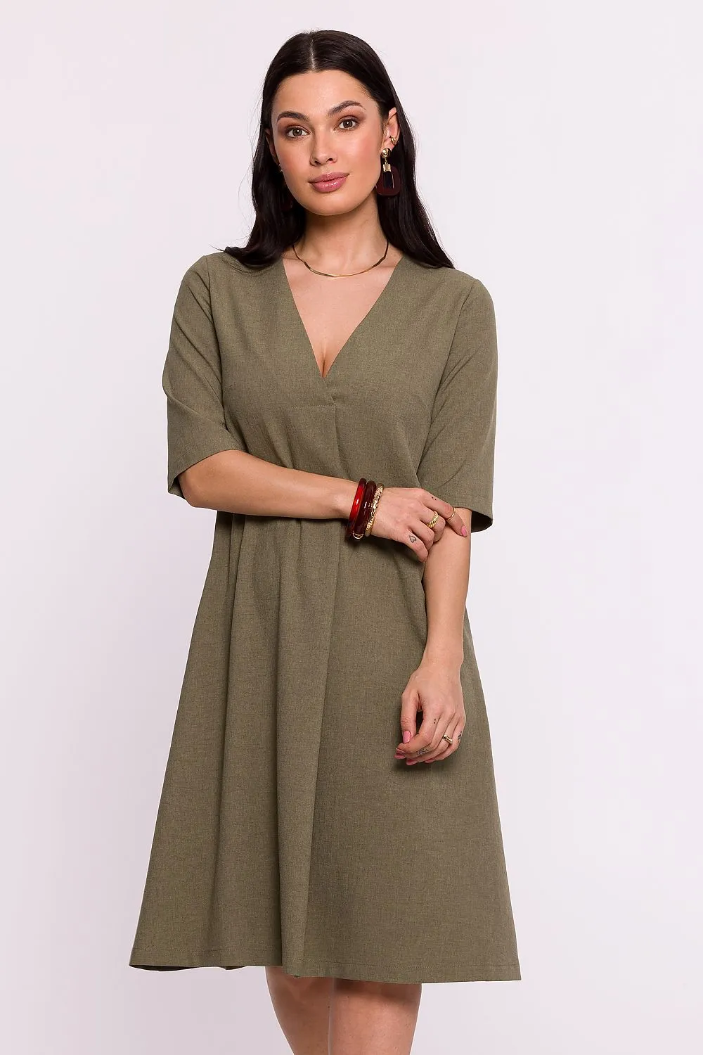 Women’s Blush Pink V-Neck A-Line Day Dress with Elbow-Length Sleeves