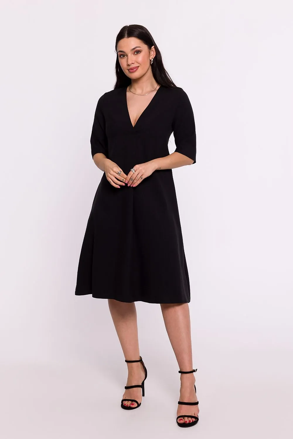 Women’s Blush Pink V-Neck A-Line Day Dress with Elbow-Length Sleeves