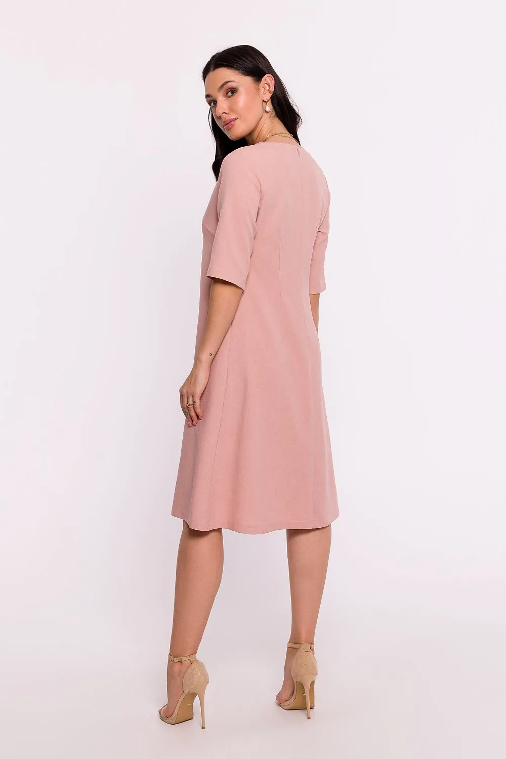 Women’s Blush Pink V-Neck A-Line Day Dress with Elbow-Length Sleeves