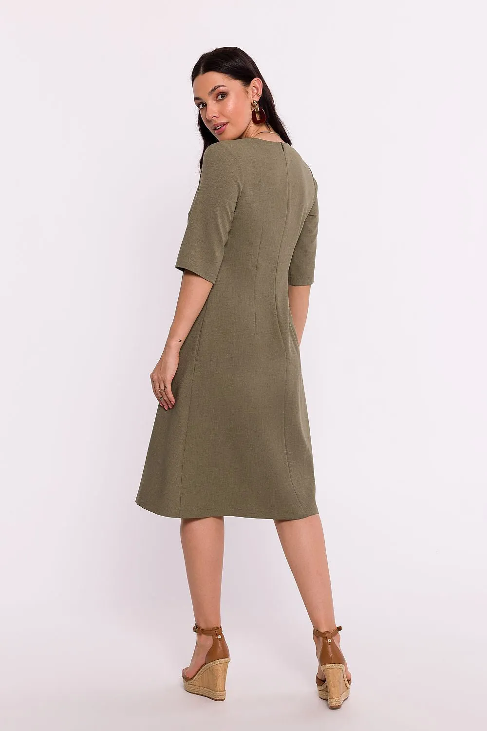 Women’s Blush Pink V-Neck A-Line Day Dress with Elbow-Length Sleeves
