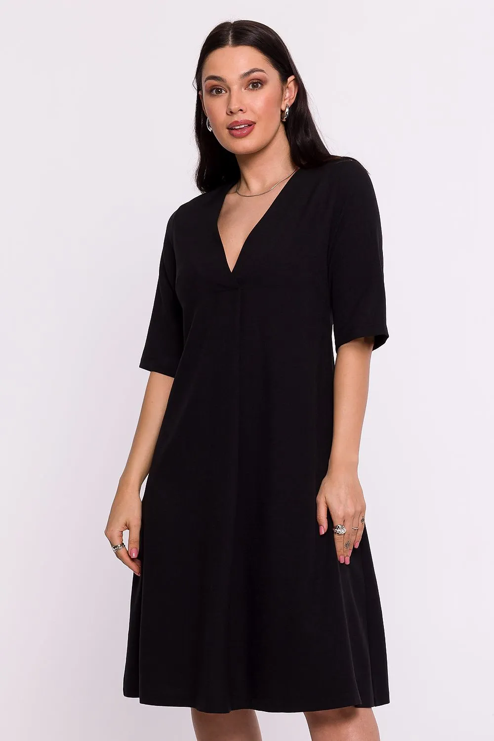 Women’s Blush Pink V-Neck A-Line Day Dress with Elbow-Length Sleeves