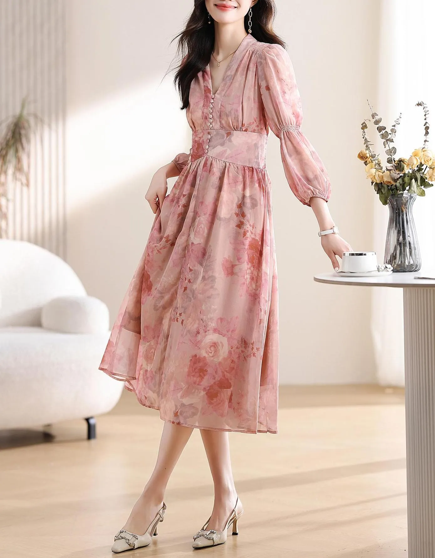 Women's Button-Up Tea Tea Dress Featuring a V-Neck and Floral Design