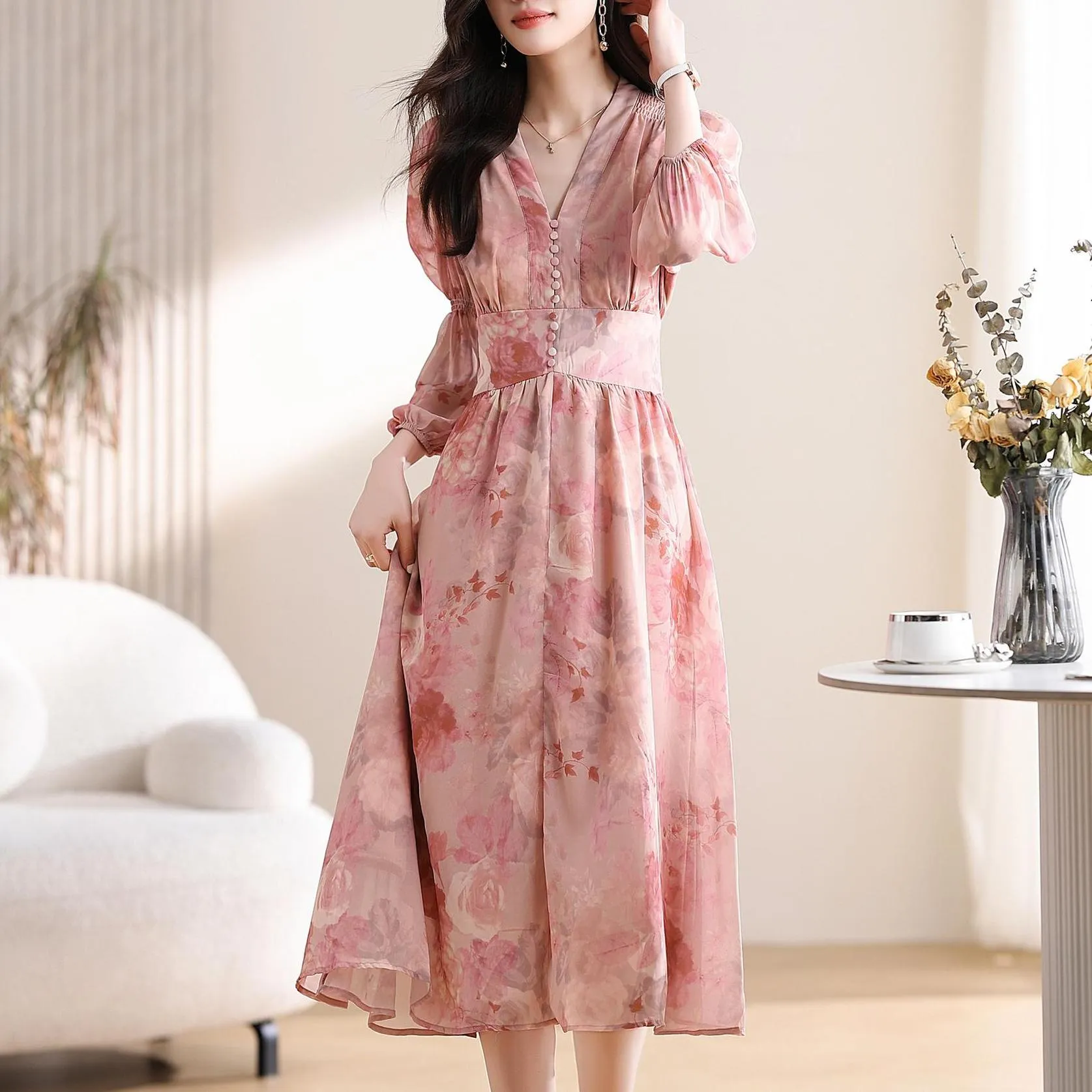 Women's Button-Up Tea Tea Dress Featuring a V-Neck and Floral Design