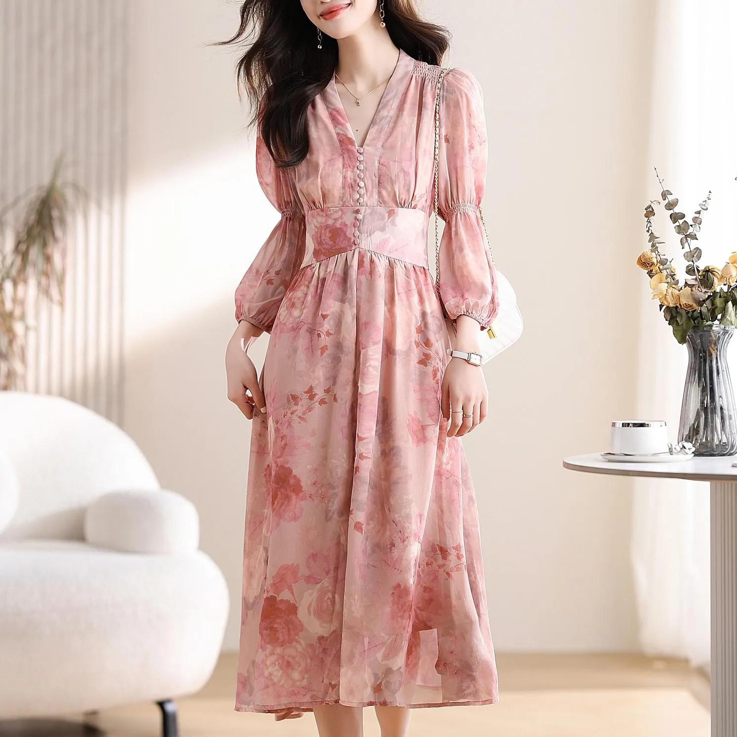 Women's Button-Up Tea Tea Dress Featuring a V-Neck and Floral Design