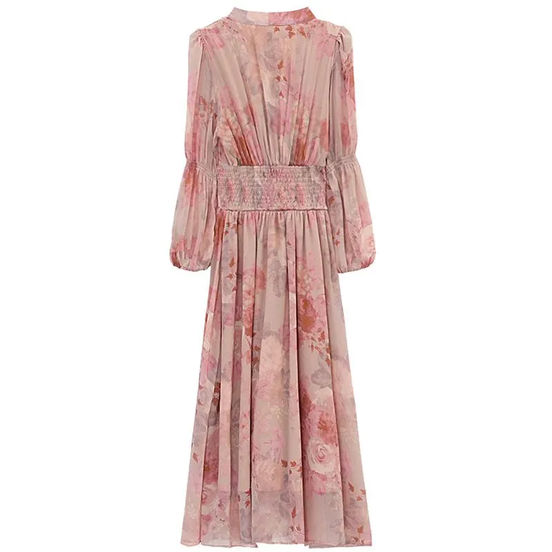 Women's Button-Up Tea Tea Dress Featuring a V-Neck and Floral Design