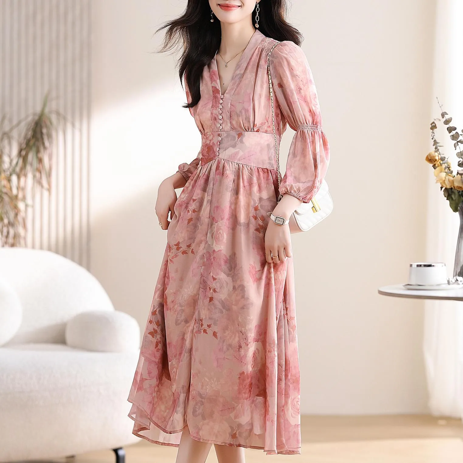 Women's Button-Up Tea Tea Dress Featuring a V-Neck and Floral Design