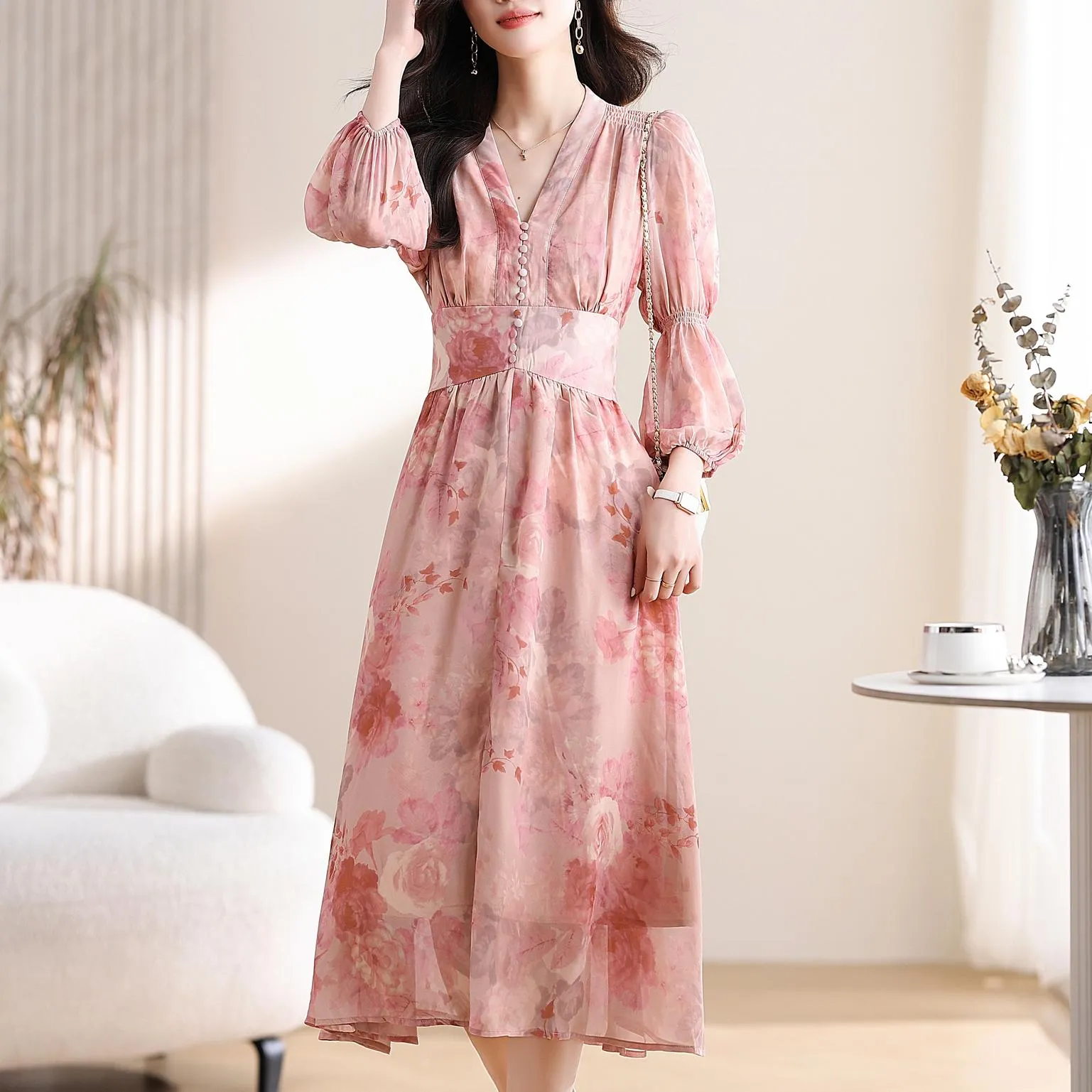 Women's Button-Up Tea Tea Dress Featuring a V-Neck and Floral Design
