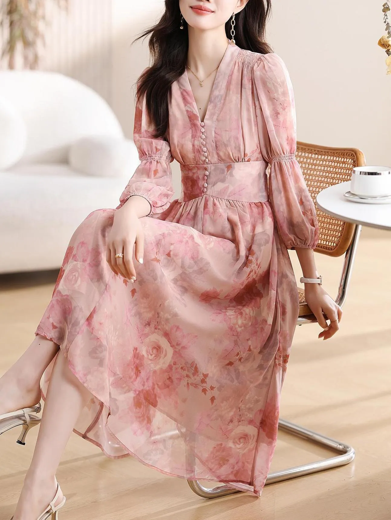 Women's Button-Up Tea Tea Dress Featuring a V-Neck and Floral Design
