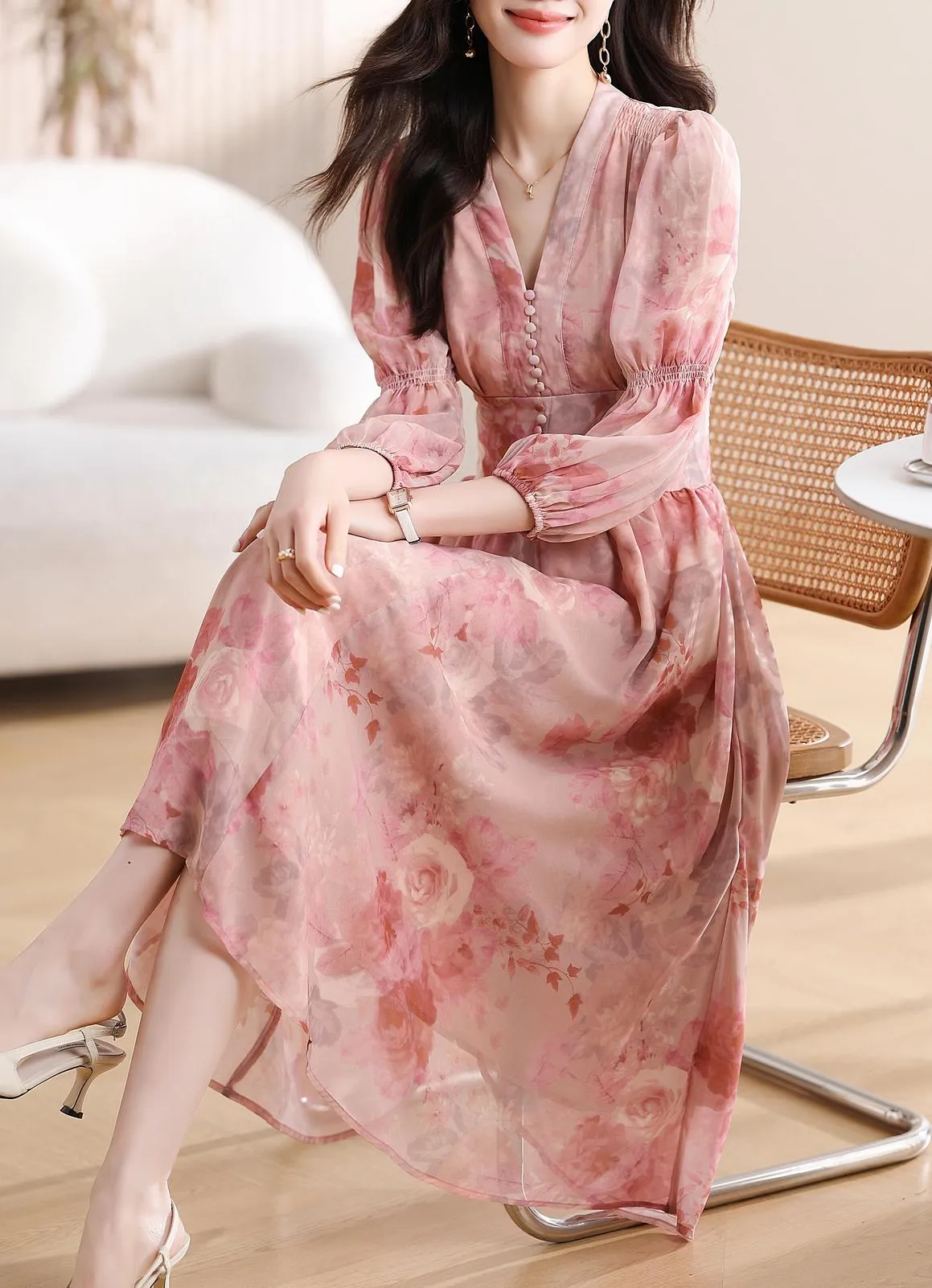 Women's Button-Up Tea Tea Dress Featuring a V-Neck and Floral Design