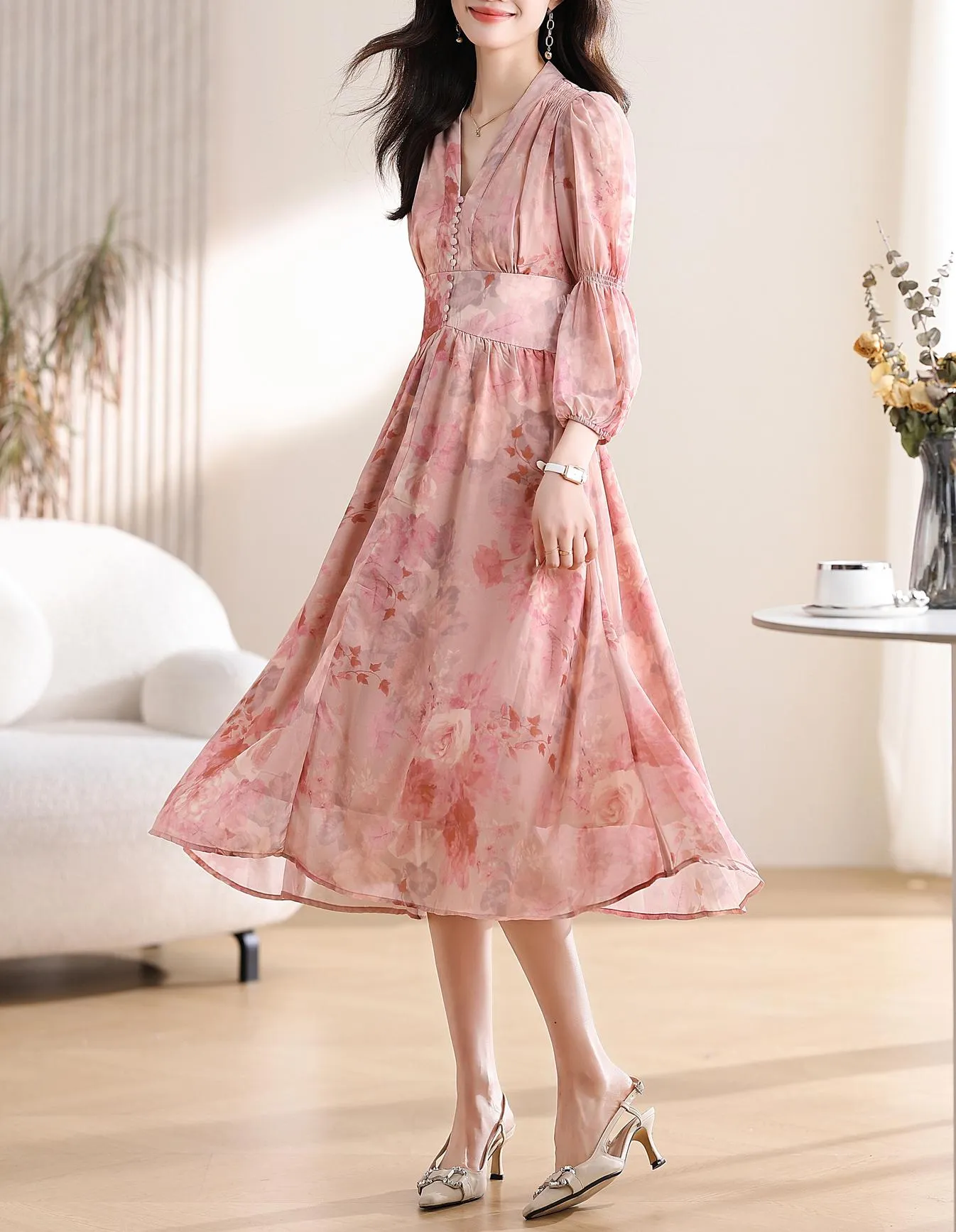 Women's Button-Up Tea Tea Dress Featuring a V-Neck and Floral Design