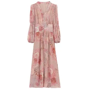 Women's Button-Up Tea Tea Dress Featuring a V-Neck and Floral Design
