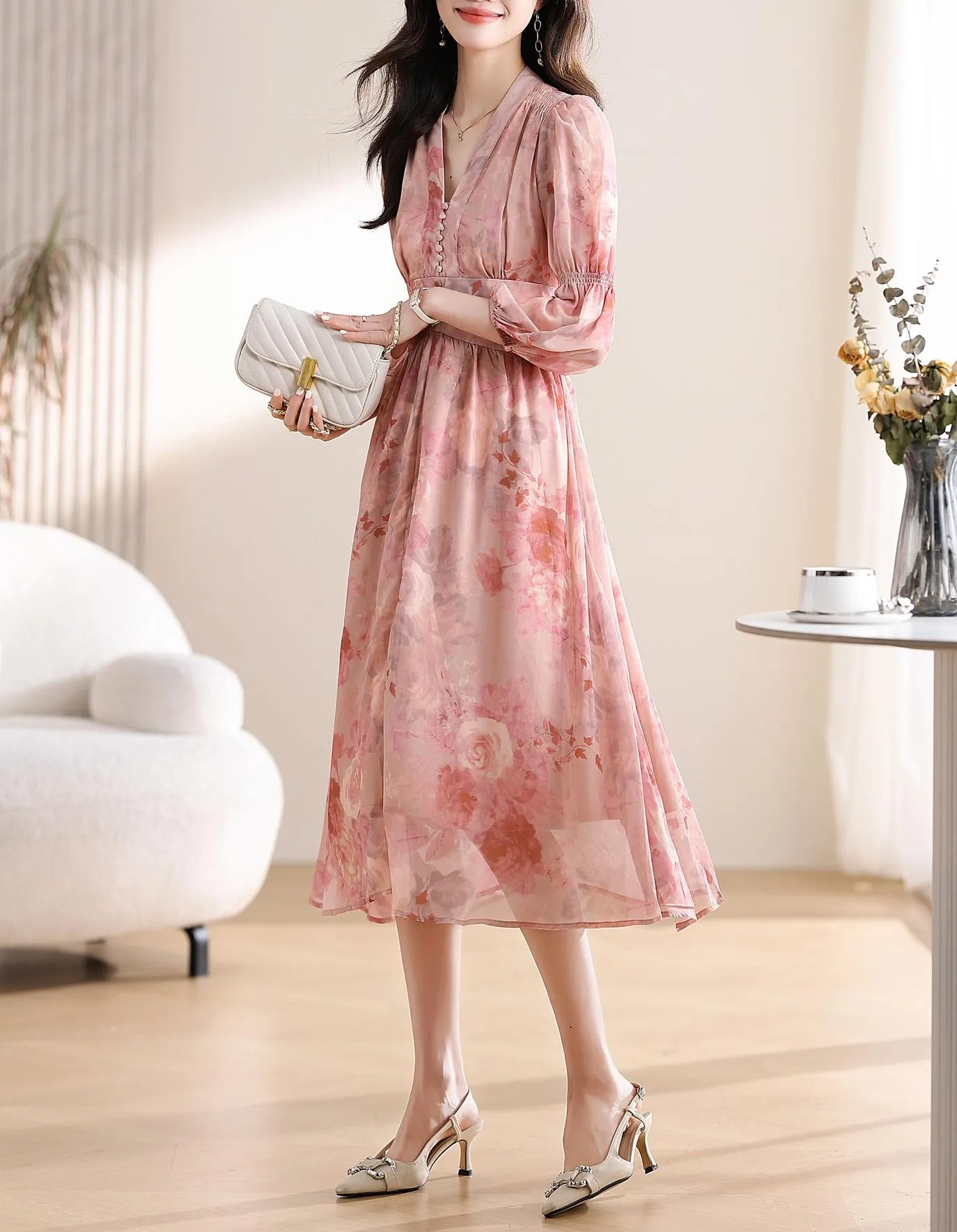 Women's Button-Up Tea Tea Dress Featuring a V-Neck and Floral Design