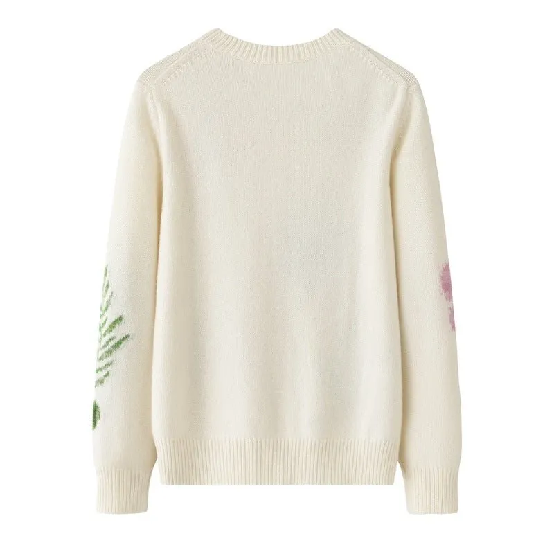 Womens Crew Neck Cashmere Sweater Colorful Floral Intarsia Pullover