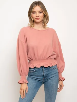 WOMEN'S LONG SLEEVE RUCHED WAIST TOP