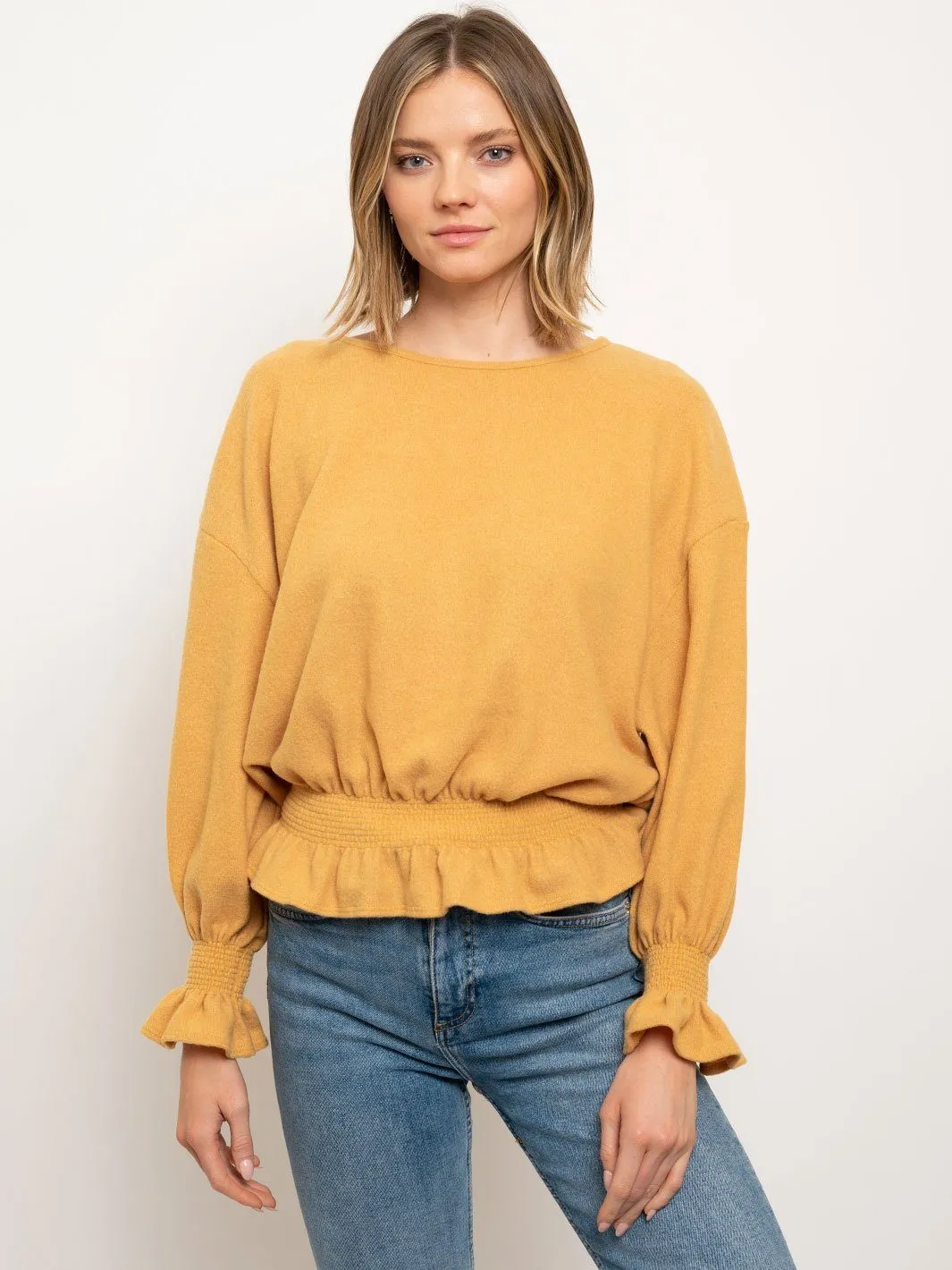 WOMEN'S LONG SLEEVE RUCHED WAIST TOP
