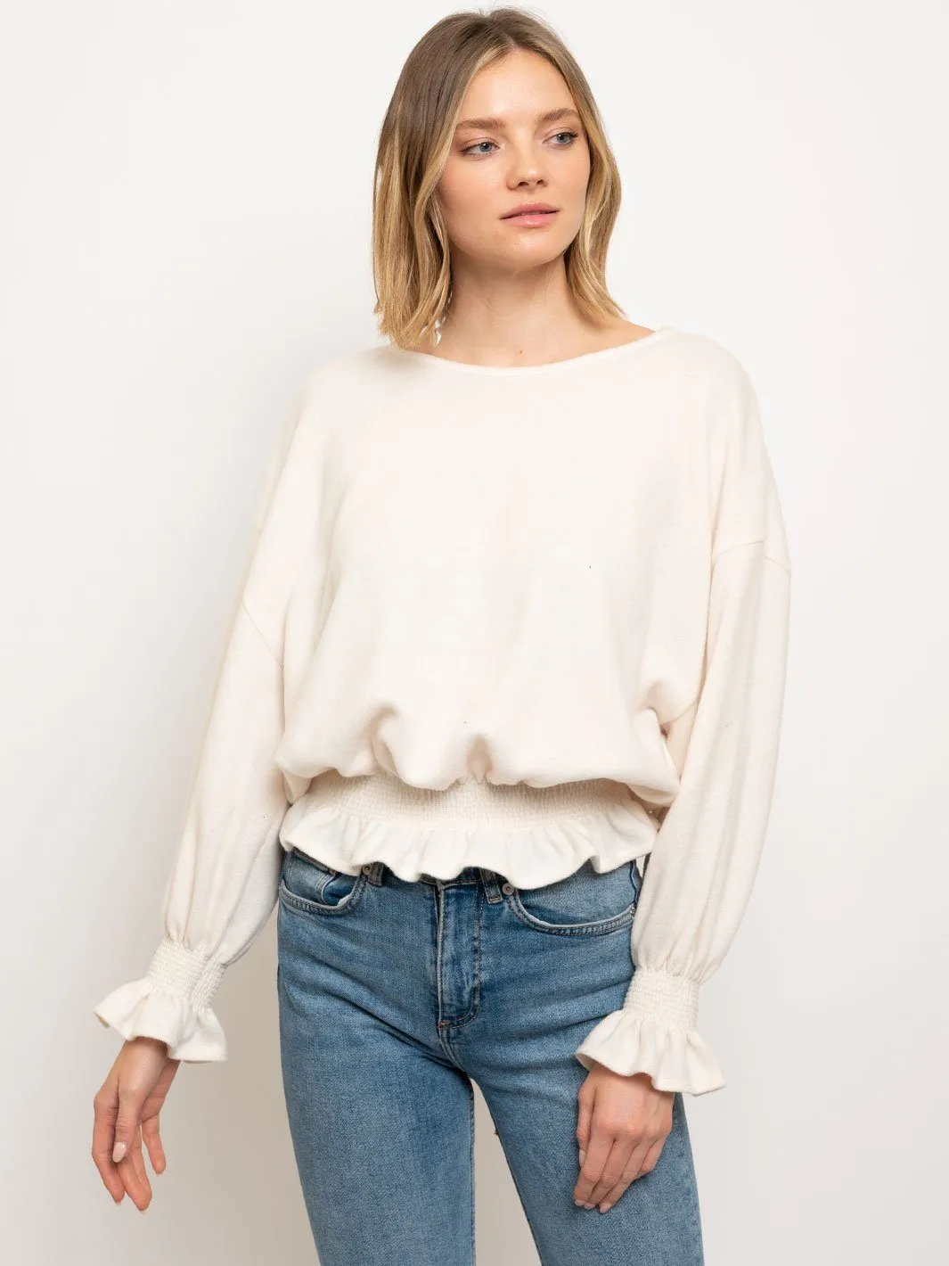WOMEN'S LONG SLEEVE RUCHED WAIST TOP