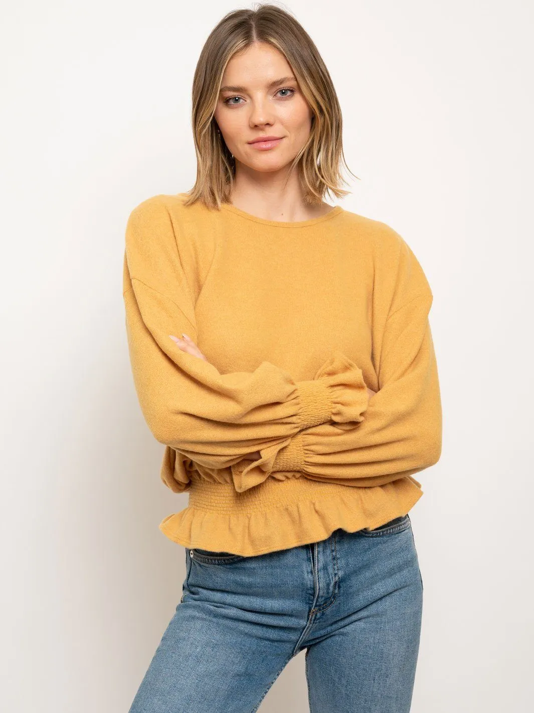 WOMEN'S LONG SLEEVE RUCHED WAIST TOP
