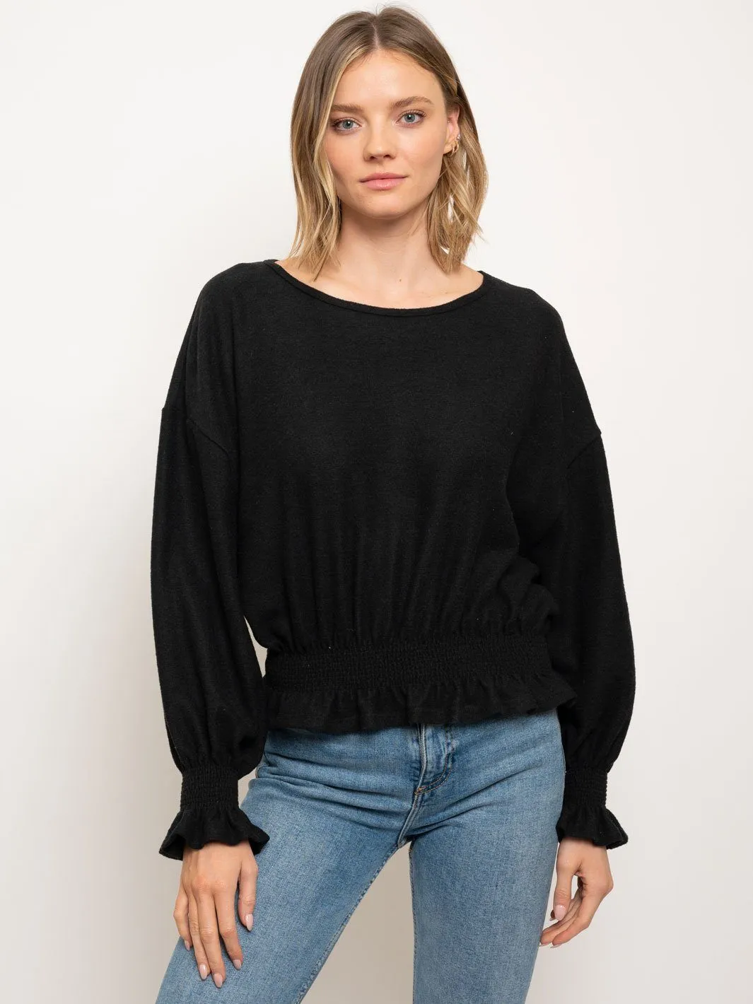 WOMEN'S LONG SLEEVE RUCHED WAIST TOP